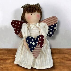 Americana Angel Patriotic Shelf Sitter Door Stop Doll Flag Heart Yarn Hair 11 in